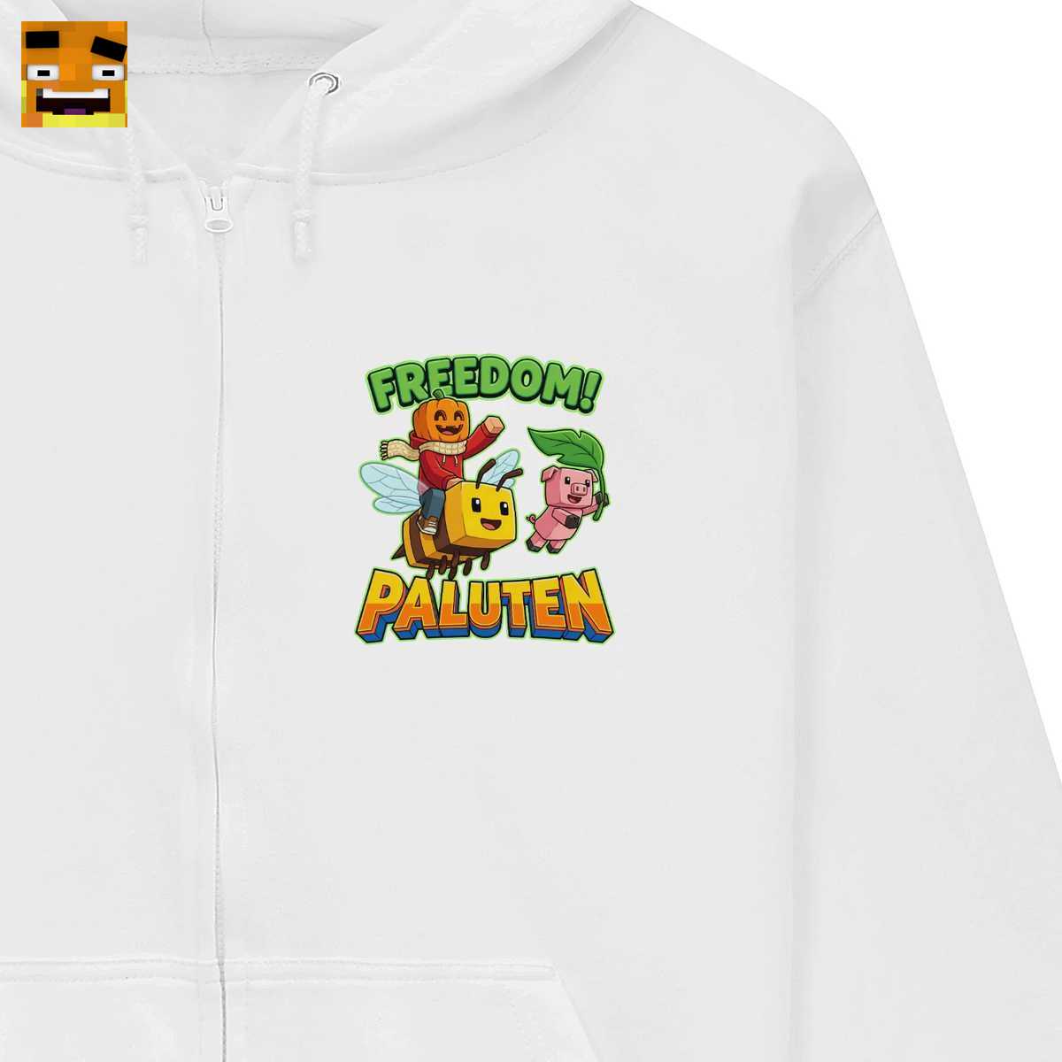 Paluten Merch: Kürbiskopf Gamer & Schweinchen Freund Fliegen in die Freiheit - Comic Style Fan-Shirt - Image 3