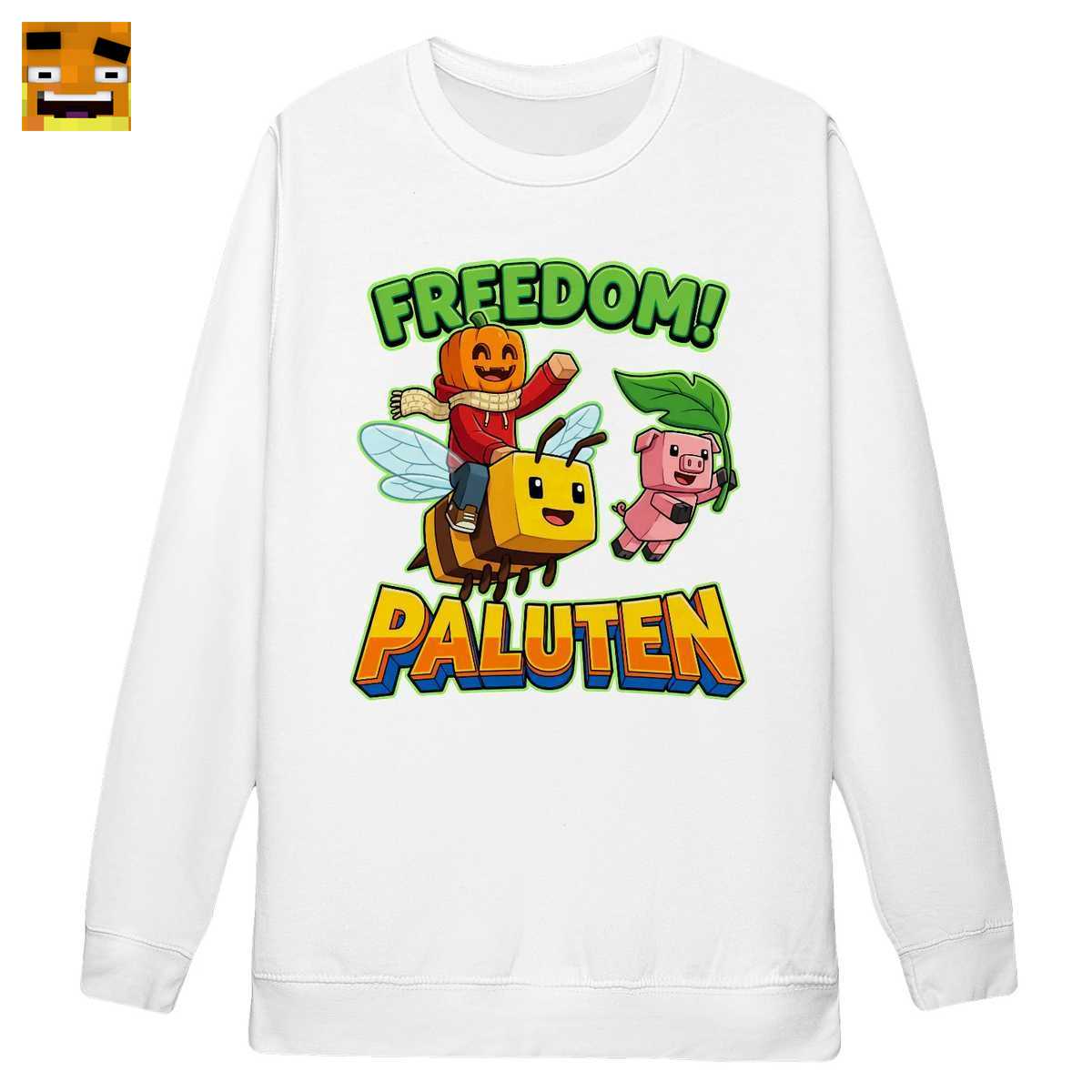 Paluten Merch: Kürbiskopf Gamer & Schweinchen Freund Fliegen in die Freiheit - Comic Style Fan-Shirt - Image 4