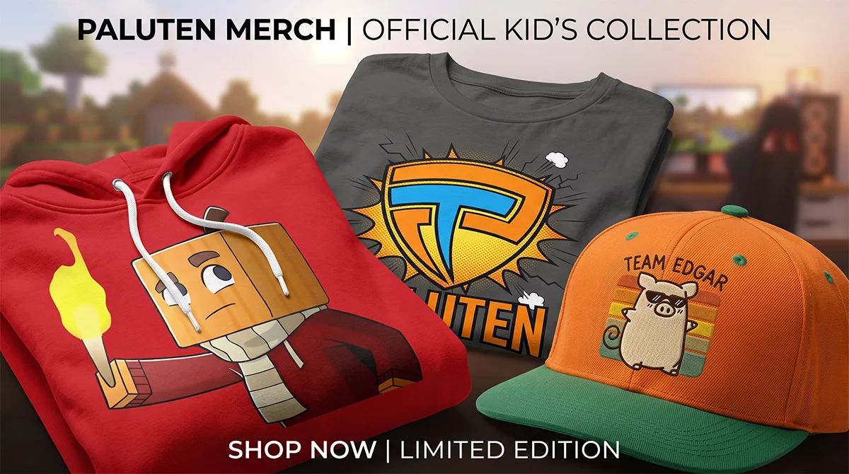 Offizielle Paluten Merch Kinder-Kollektion mit rotem Hoodie, grauem Logo T-Shirt und Team Edgar Cap.